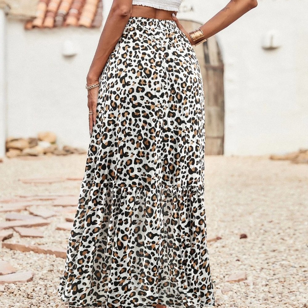 Leopard Print Preppy Womens Fringe Detail Maxi Skirt - Picture 2 of 4